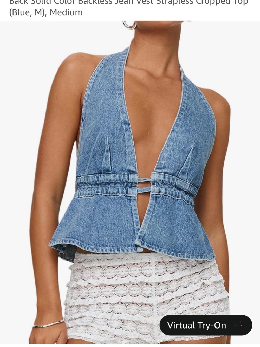 Denim Deep V Halter Peplum Crop Top - Blue